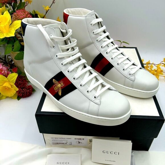 Men’s Gucci ace bee high top leather sneakers size 12, made in Italy - Picture 1 of 8